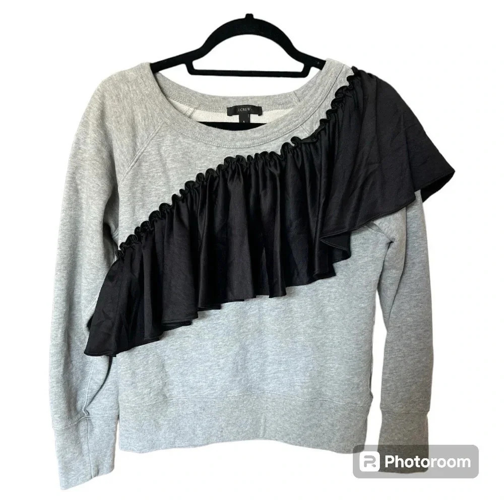 J.Crew asymmetrical ruffle pullover sweatshirt grey and black size: Small - Picture 2 of 8
